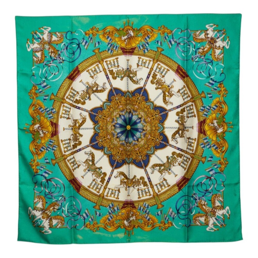Hermes Carre 90 Luna Park Amusement Scarf/Muffler, Large Size, Green/Multicol...